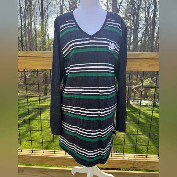 UG Apparel Dresses & Skirts - Notre Dame Women’s V-Neck Long Sleeve Striped Dress in Black, Green & White